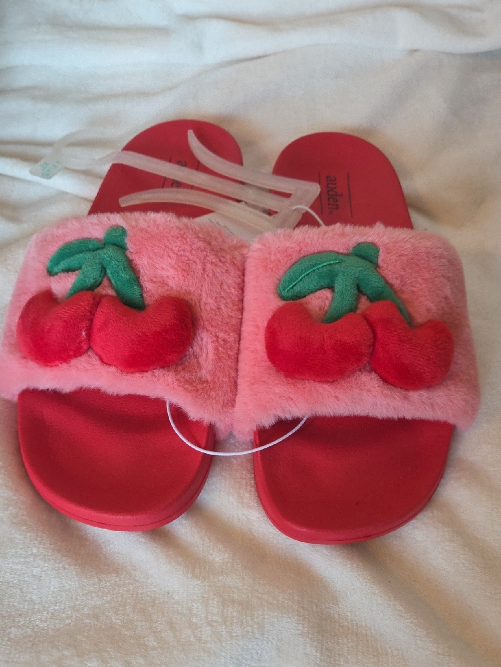 Auden Pink Fuzzy Cherry Slide Slippers with Green Leaf Accent